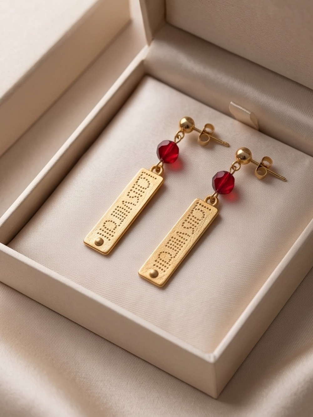 Gold Drop Earrings with Red Bead Accent